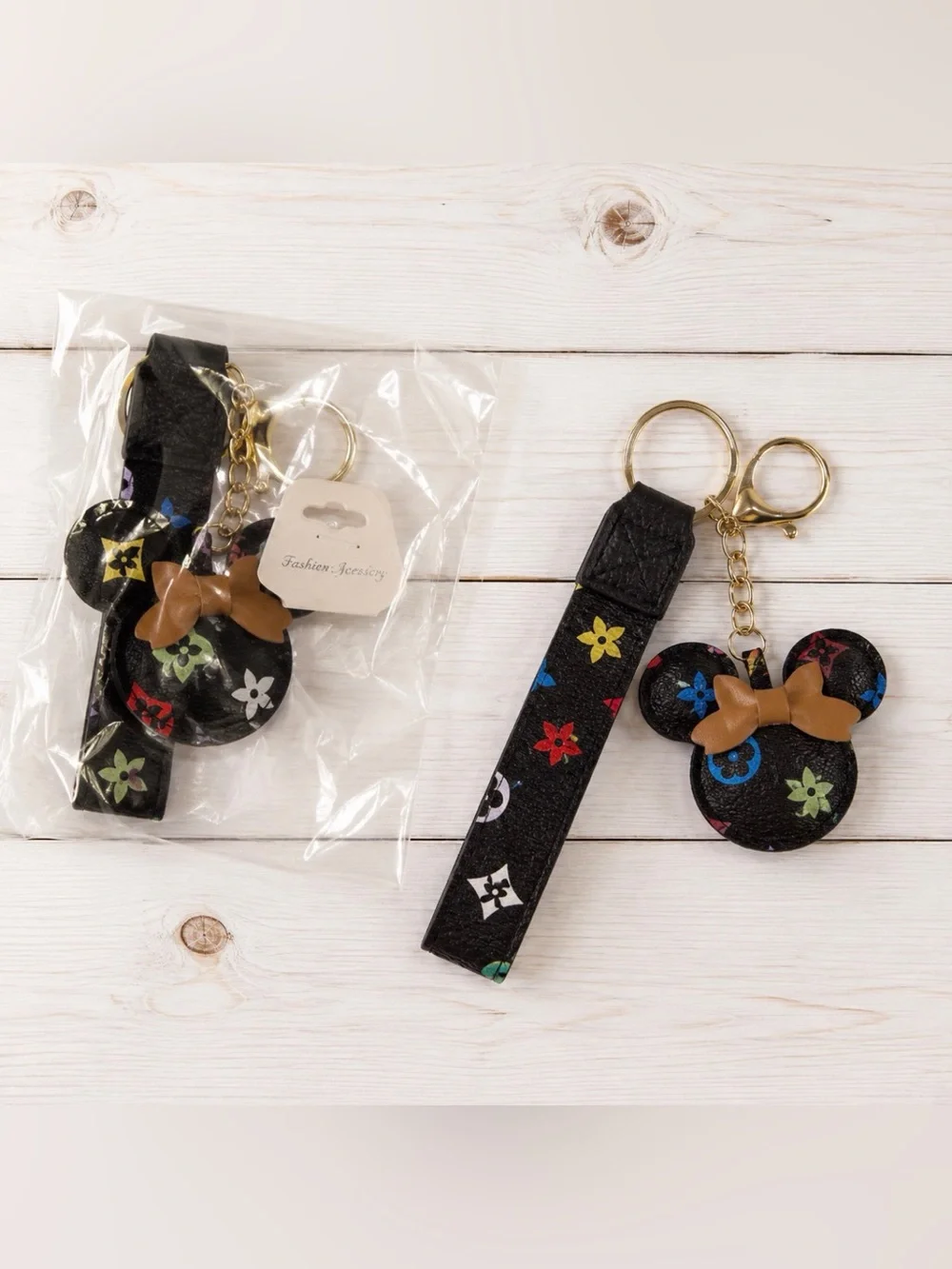 Mouse Wristlet Keychain PU Leather Bag Charm Black Multicolor Brown Bow NIP